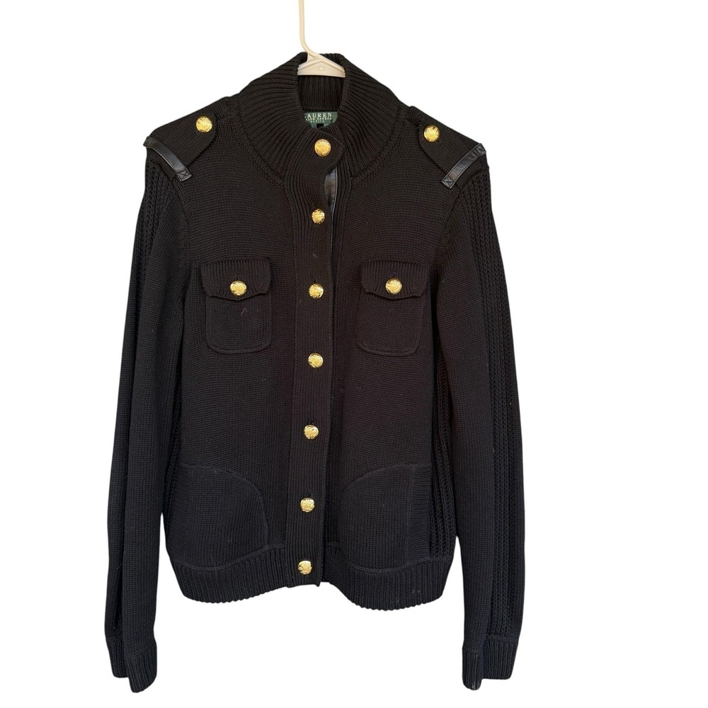 Lauren Ralph Lauren Cardigan Sweater Womens PL Black Military Gold Button Knit